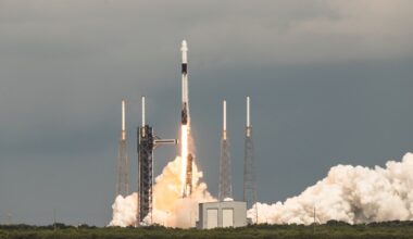 A SpaceX Falcon 9 rocket lifts off from launch pad 40 at the Cape Canaveral Space Force Station in Florida.