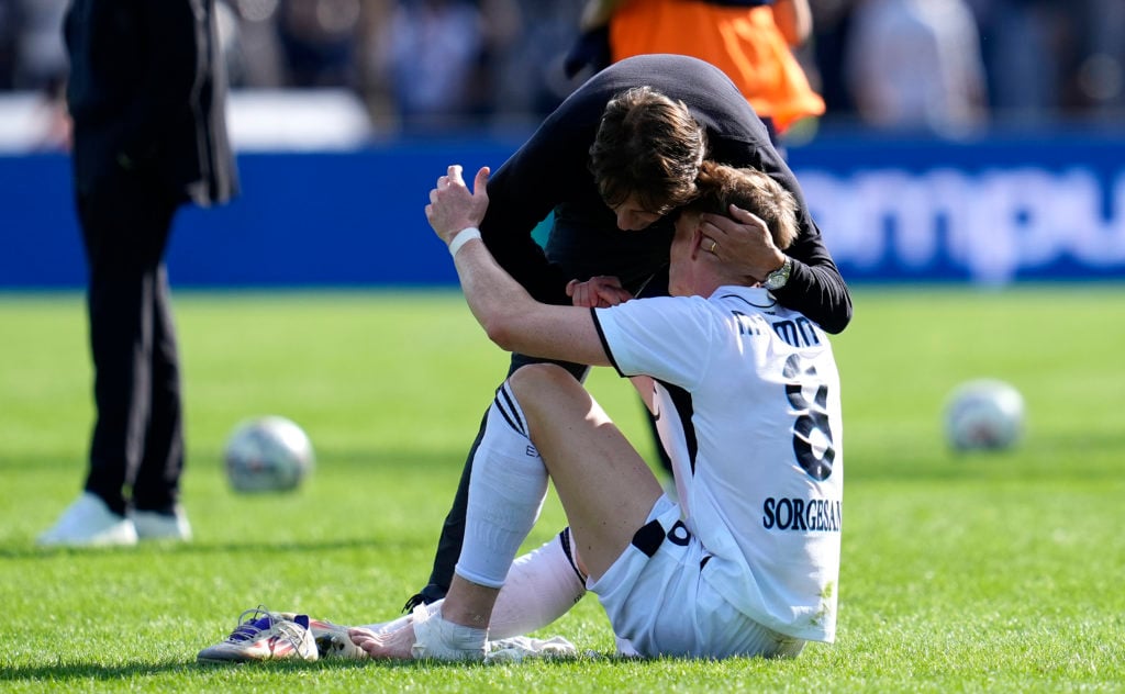 Antonio Conte and former Manchester United midfielder Scott McTominay celebrate after winning the Serie A match between Empoli and Napoli at the Carlo Castellani in 2024 in Empoli, Italy.