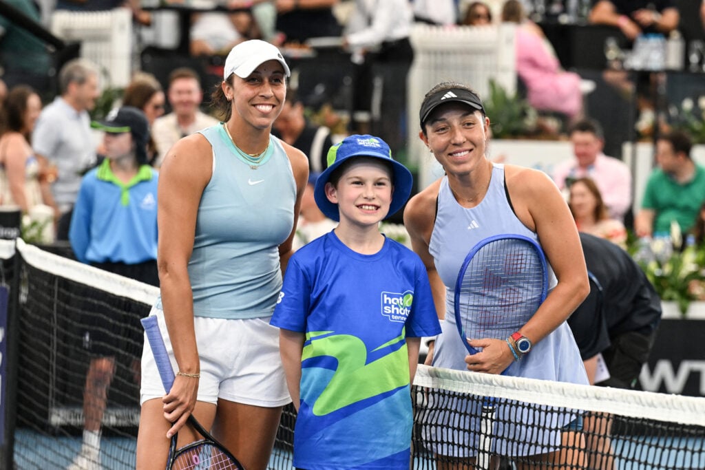 Jessica Pegula and Madison Keys pose together before the 2025 Adelaide International final