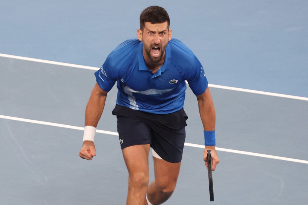 Novak Djokovic celebrates his win over Carlos Alcaraz at the 2025 US Open