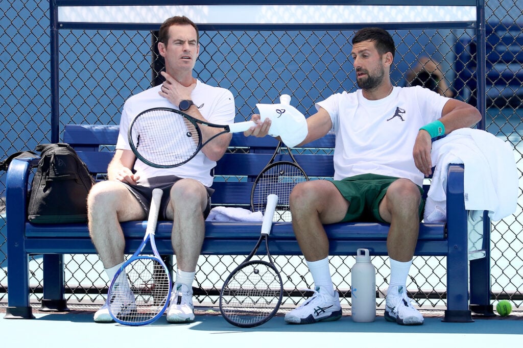 Andy Murray and Novak Djokovic in discussion at the 2025 Miami Open