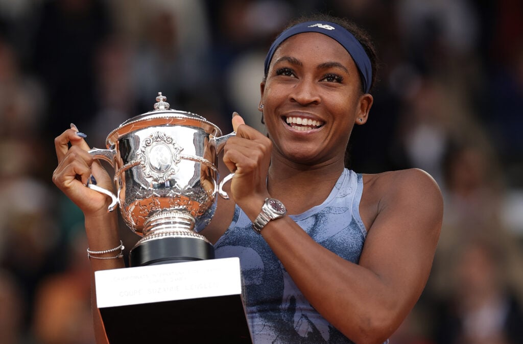 Coco Gauff of United States with the Coupe Suzanne Lenglen trophy after her victory over Aryna Sabalenka in the Women’s Singles Final match on Day Fourteen of the 2025 French Open at Roland Garros.