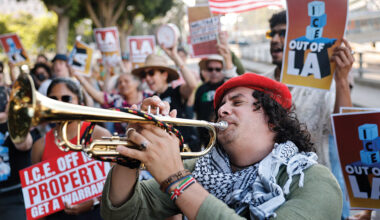 Demonstrators protest raids by the Immigration and Customs Enforcement in Los Angeles in June.