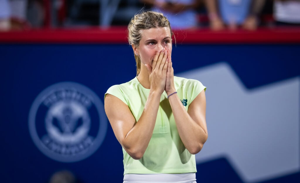 Eugenie Bouchard of Canada during her retirement ceremony after the second round of the National Bank Open at Stade IGA.
