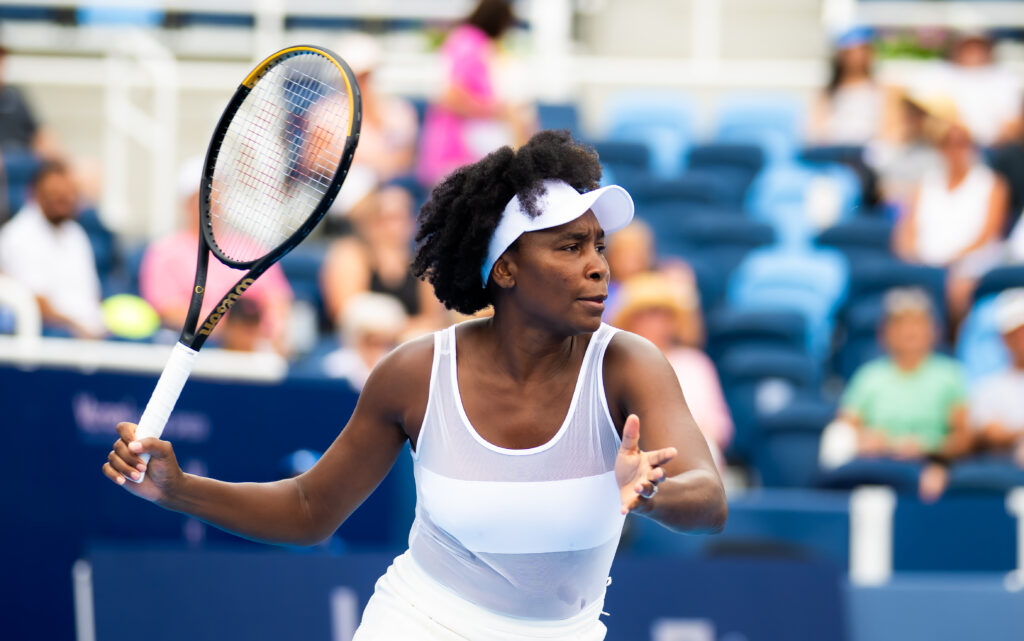 Venus Williams of the United States in action against Jessica Bouzas Maneiro of Spain in the first round on Day 1 of the Cincinnati Open at Lindner Family Tennis Center on August 07, 2025 in Mason, Ohio.