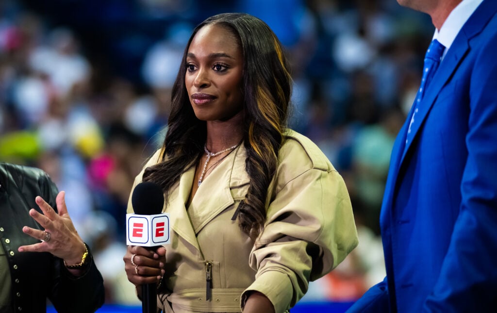 Sloane Stephens of the United States during a broadcast before the Mixed Doubles competition at USTA Billie Jean King National Tennis Center.