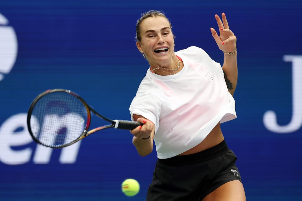 Aryna Sabalenka hits a forehand in practice at the 2025 US Open - Previews