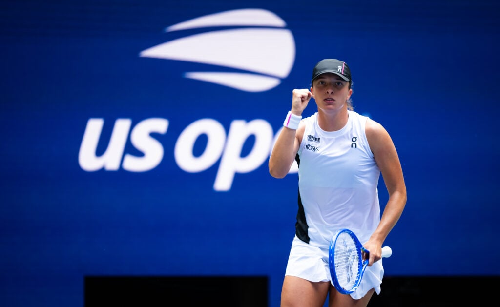 Iga Swiatek celebrates during her second-round match at the US Open.