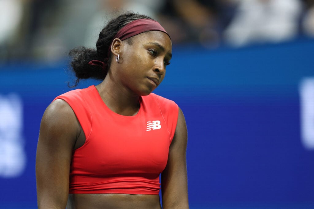 Coco Gauff reacts during her women's singles second round tennis match against Croatia's Donna Vekic on day five of the US Open tennis tournament at the USTA Billie Jean King National Tennis Center in New York City.