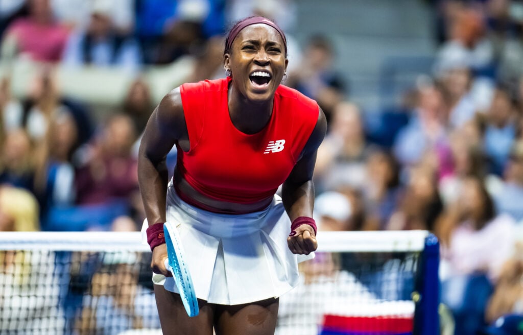 Coco Gauff celebrates her win over Donna Vekic at the 2025 US Open