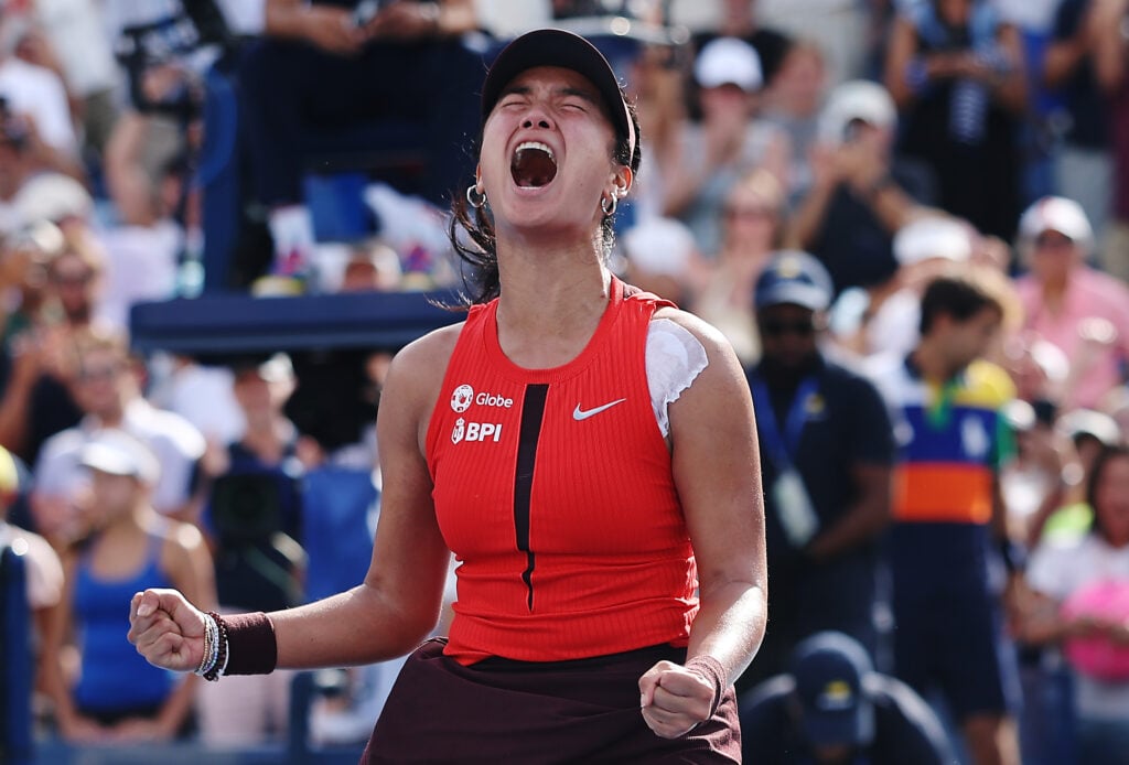 Alexandra Eala of the Philippines celebrates match point against Clara Tauson of Denmark during their Women's Singles First Round match on Day One of the 2025 US Open at USTA Billie Jean King National Tennis Center.