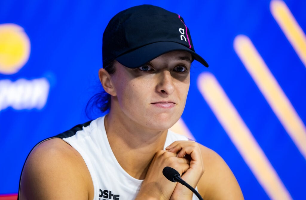 Iga Swiatek of Poland talks to the media after defeating Ekaterina Alexandrova in the fourth round on Day 9 of the US Open at USTA Billie Jean King National Tennis Center.