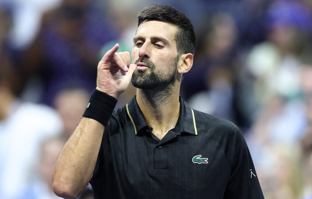 Novak Djokvovic celebrates after beating Taylor Fritz at the US Open.