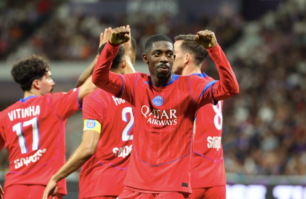 Ousmane Dembele celebrates after scoring a goal for PSG