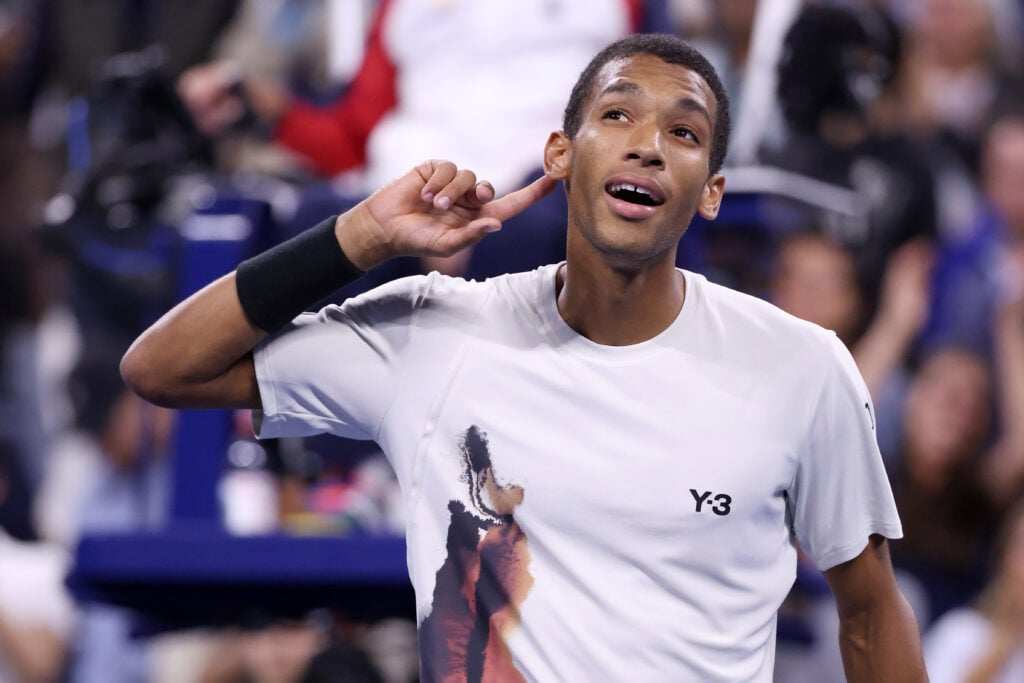 Felix Auger-Aliassime celebrates after beating Alexander Zverev at the 2025 US Open