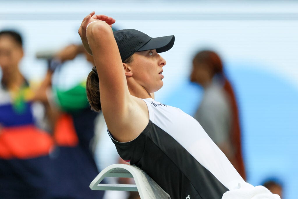 Iga Swiatek reacts during her quarterfinal defeat at the 2025 US Open