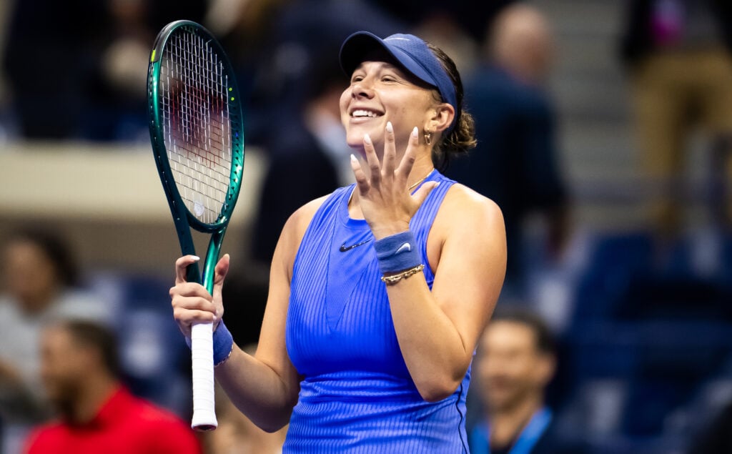 Amanda Anisimova reacts to beating Naomi Osaka in the US Open semifinals.