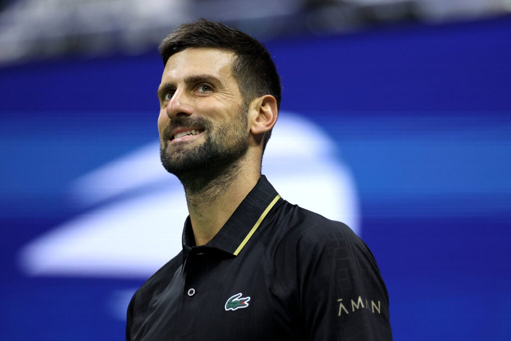 Novak Djokovic reacts during his fourth-round win at the 2025 US Open