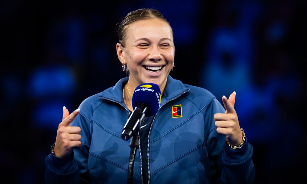 Amanda Anisimova seen during the trophy ceremonies at the 2025 US Open
