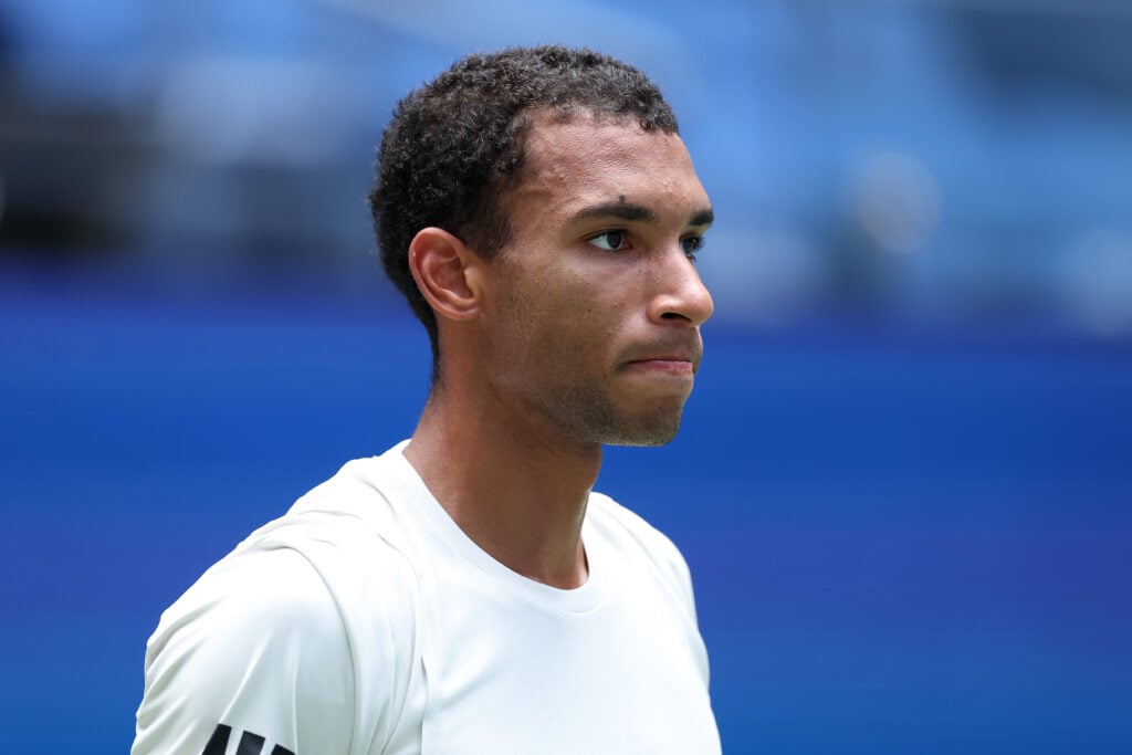 Felix Auger-Aliassime of Canada reacts while playing against Alex de Minaur of Australia during their Men's Quarterfinal match on Day Eleven of the 2025 US Open at USTA Billie Jean King National Tennis Center.