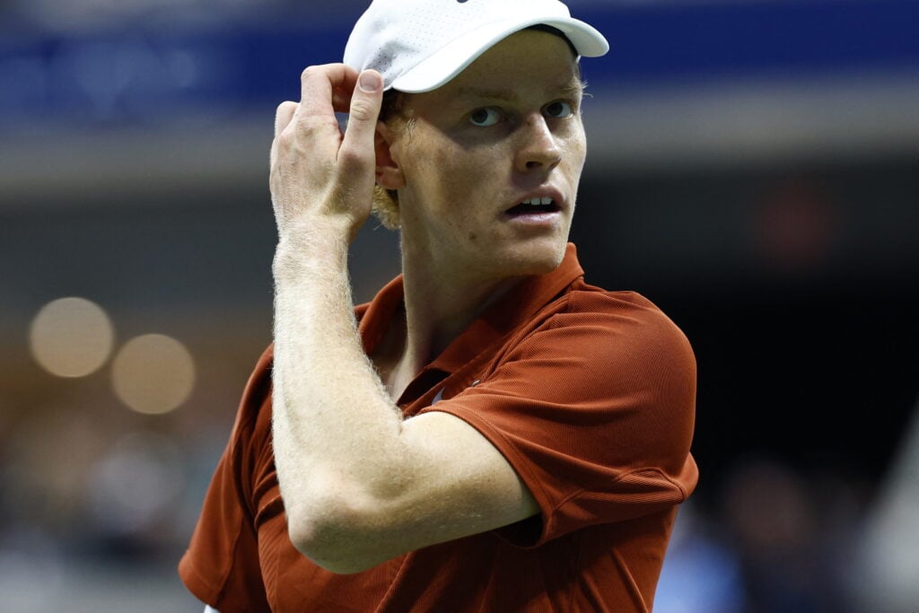 Jannik Sinner reacts as he plays Spain's Carlos Alcaraz in the men's singles final tennis match on day fifteen of the US Open tennis tournament at the USTA Billie Jean King National Tennis Center in New York City.