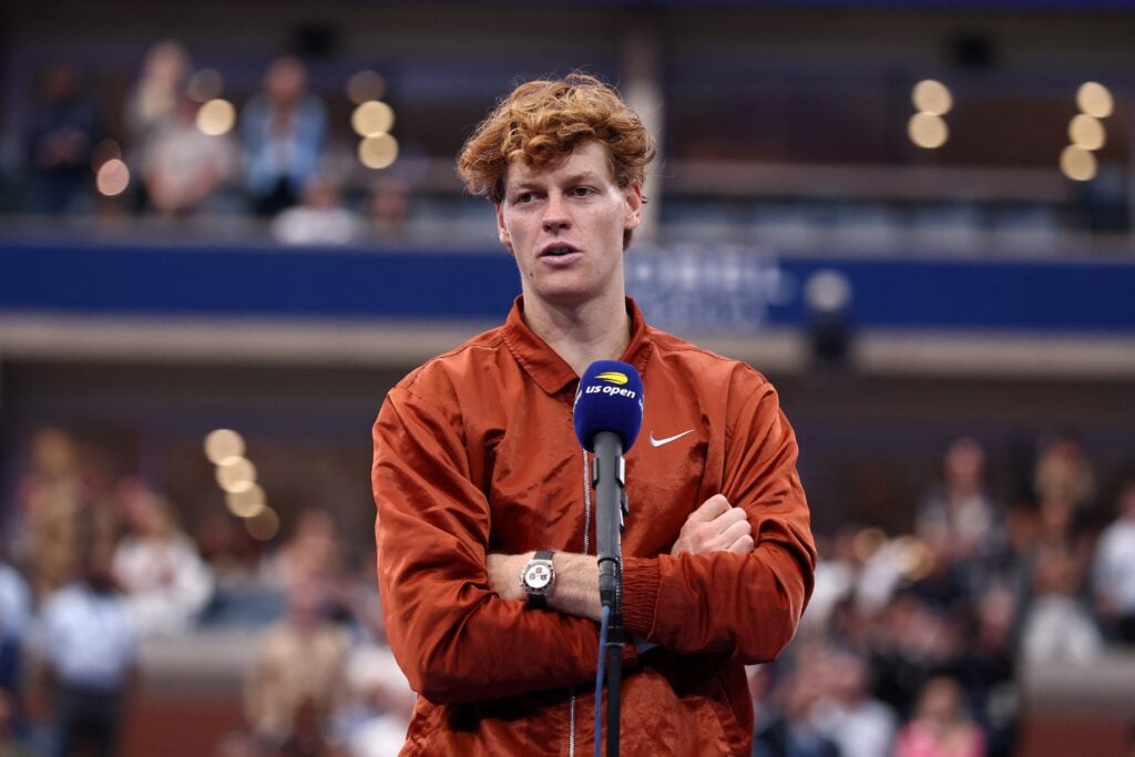 Jannik Sinner speaks after being defeated by Spain's Carlos Alcaraz in the men's singles final tennis match on day fifteen of the US Open tennis tournament at the USTA Billie Jean King National Tennis Center in New York.
