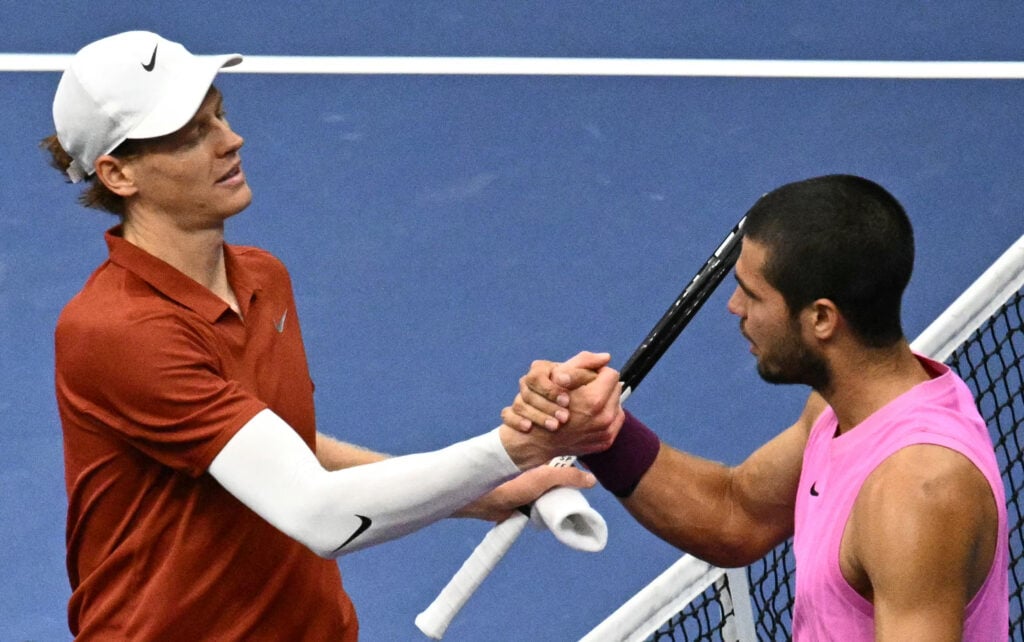 Jannik Sinner and Carlos Alcaraz shake hands after the US Open final.