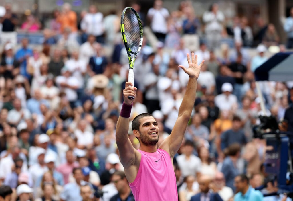 Carlos Alcaraz celebrates after reaching the US Open final.