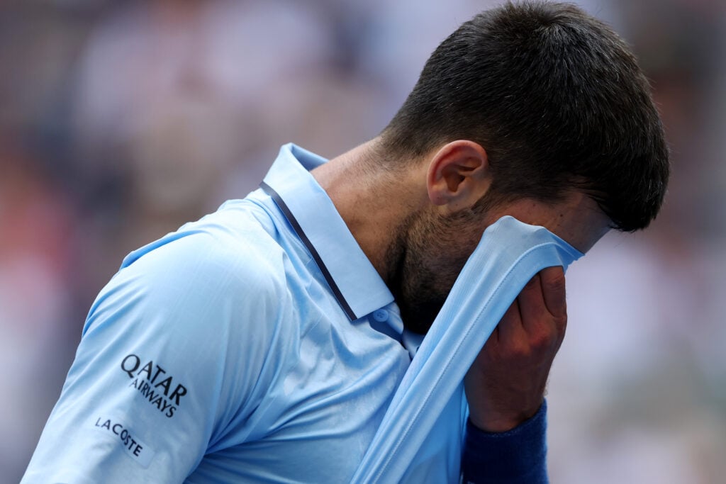 Novak Djokovic reacts during his 2025 US Open semifinal defeat