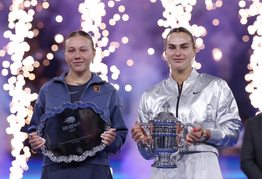 Amanda Anisimova of the United States and Aryna Sabalenka pose following their Women's Singles Final match on Day Fourteen of the 2025 US Open at USTA Billie Jean King National Tennis Center.
