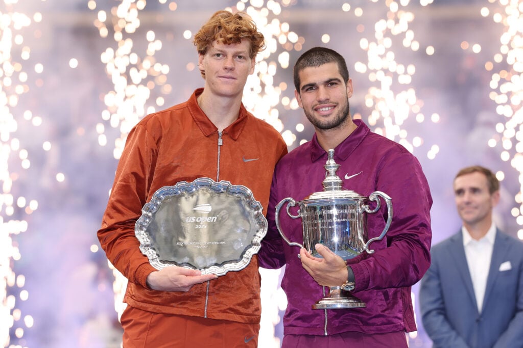 Carlos Alcaraz and Jannik Sinner with their US Open trophies.