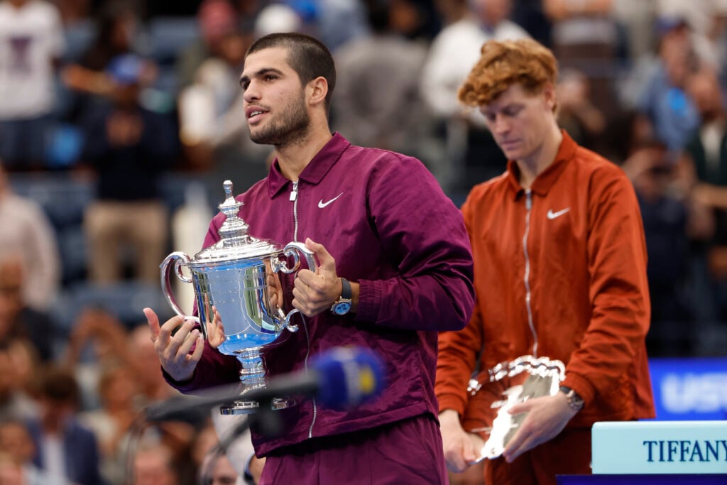 Carlos Alcaraz of Spain, finalist Jannik Sinner of Italy during the podium ceremony following the Men's Singles Final match on day fifteen of the 2025 US Open Tennis Championships at USTA Billie Jean King National Tennis Center.