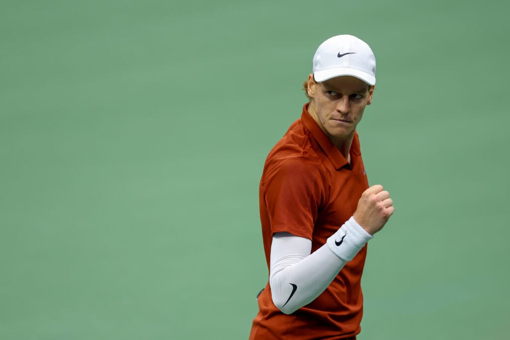 Jannik Sinner celebrates during his defeat to Carlos Alcaraz at the 2025 US Open