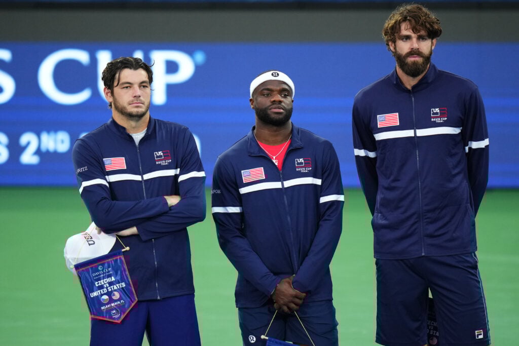 Taylor Fritz, Frances Tiafoe and Reilly Opelka of Team USA look on prior to the 2025 Davis Cup Qualifier second round match between USA and Czechia at Delray Beach Tennis Center.