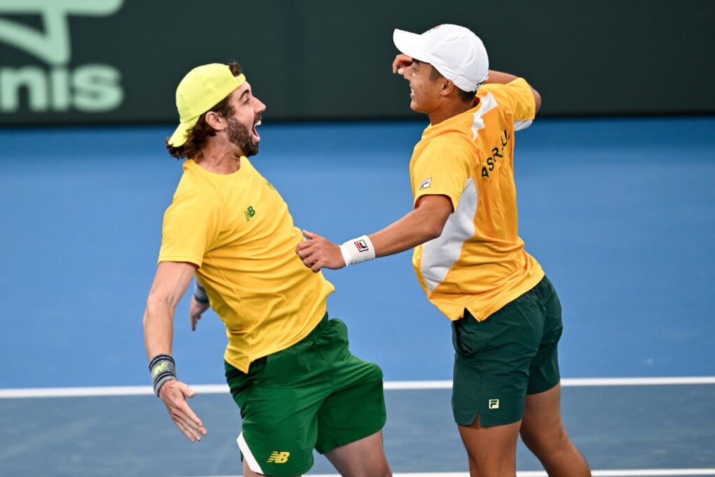 Jordan Thompson and Rinky Hijikata celebrate at the 2025 Davis Cup