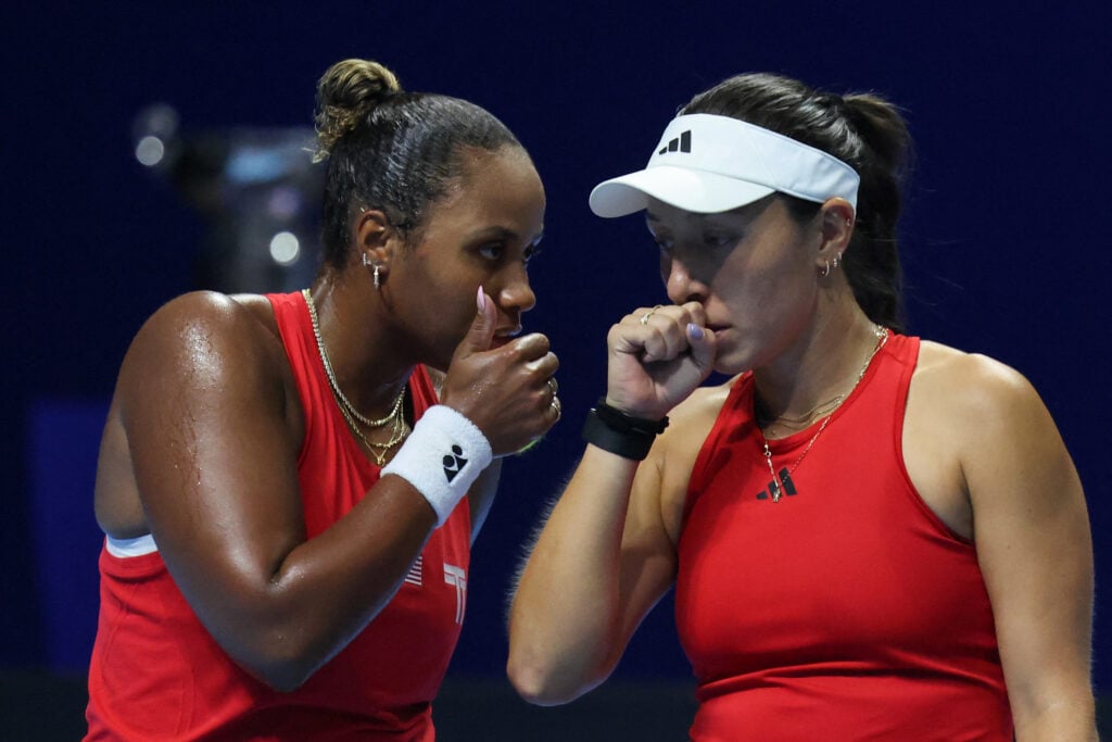 Taylor Townsend and Jessica Pegula speak during their Billie Jean King Cup match with Kazakhstan in 2025