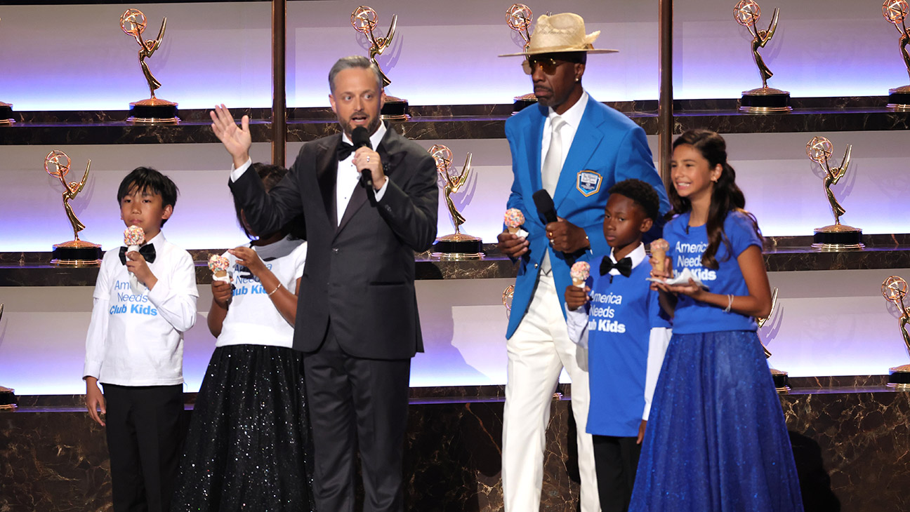 (Center L-R) Host Nate Bargatze and J. B. Smoove speak onstage during the 77th Primetime Emmy Awards at Peacock Theater on September 14, 2025 in Los Angeles, California.