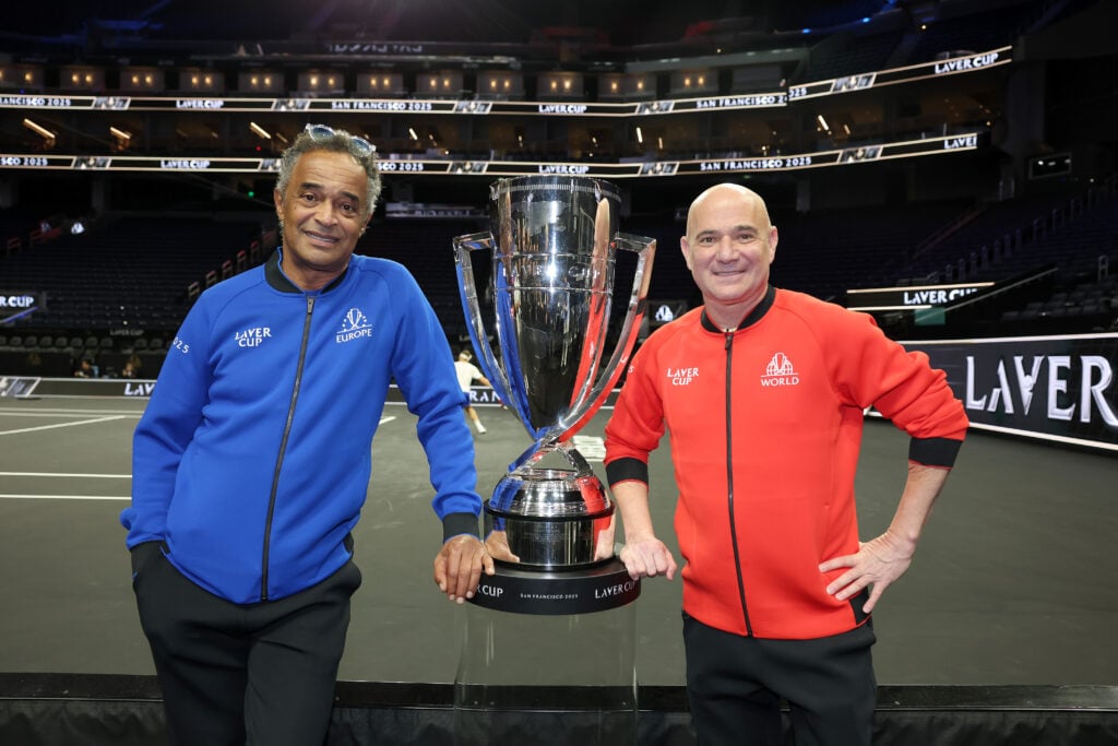 Team Europe Captain Yannick Noah and Team World Captain Andre Agassi pose with the Laver Cup trophy prior to the start of the Laver Cup 2025 at Chase Center.