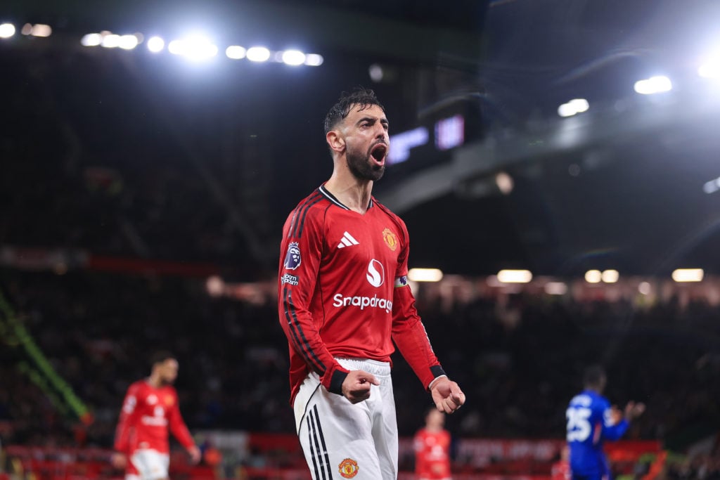Bruno Fernandes hypes up Manchester United fans at Old Trafford.