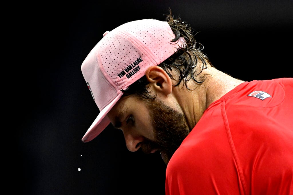 Reilly Opelka prepares to serve against Casper Ruud at the 2025 Laver Cup