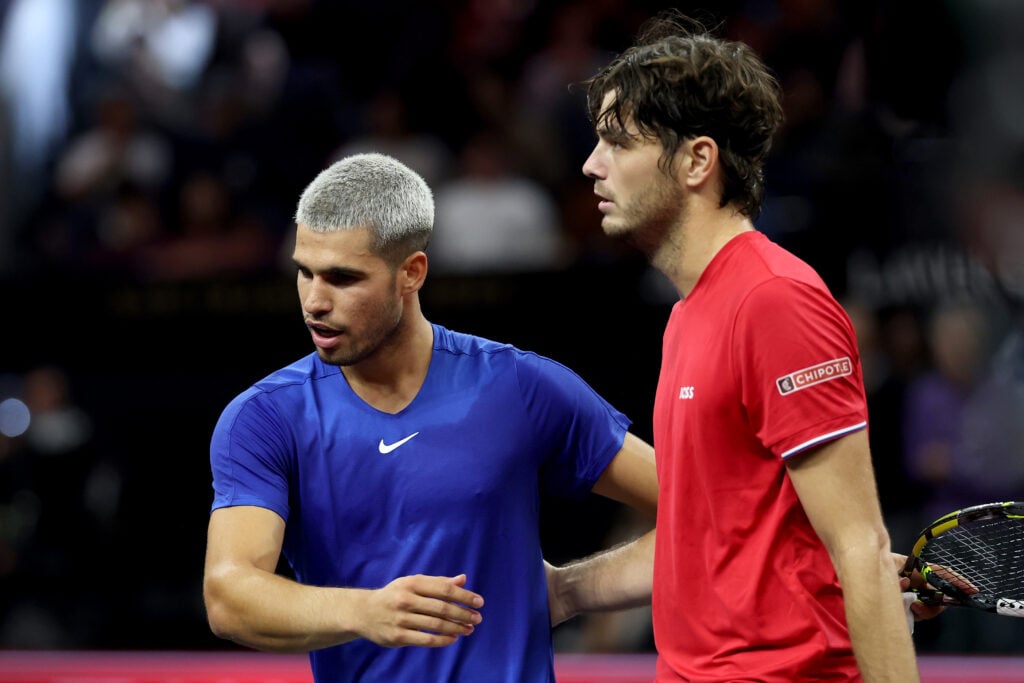 Taylor Fritz of Team World greets Carlos Alcaraz of Team Europe following their match during day two of Laver Cup 2025 at Chase Center.
