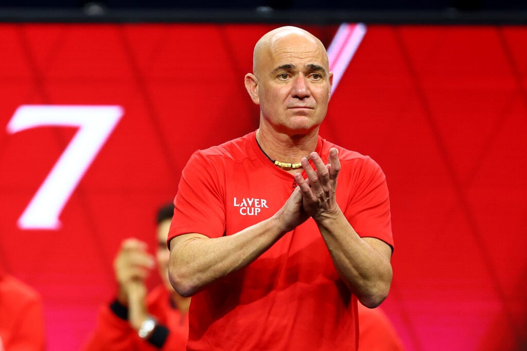 Andre Agassi reacts on day two of the Laver Cup in 2025.