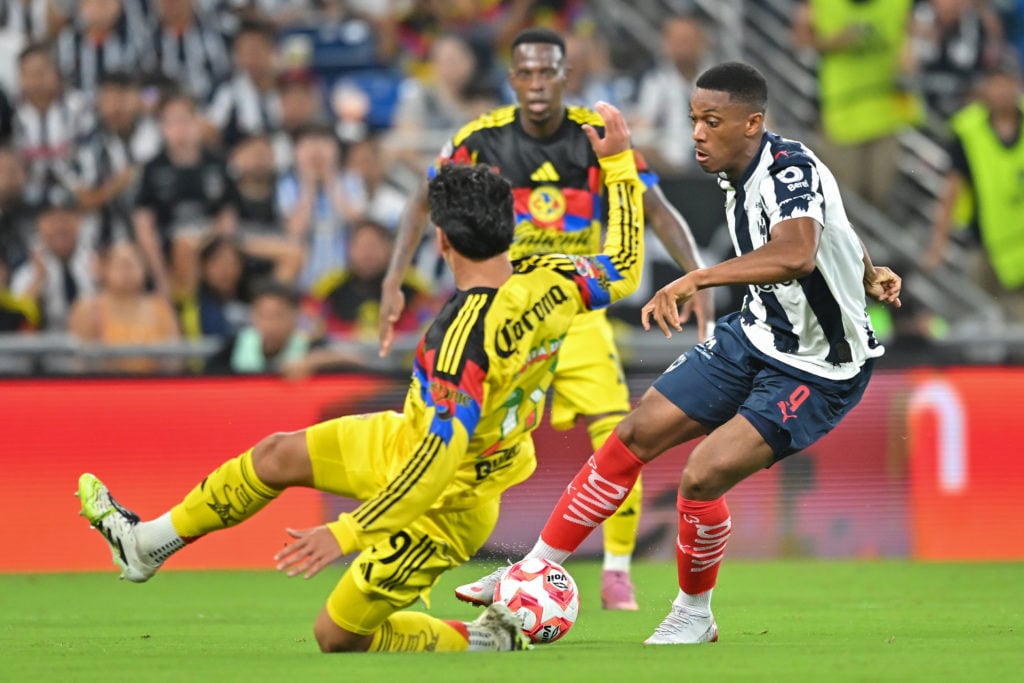 Anthony Martial cuts inside the challenge from a defender for Monterrey v Club America
