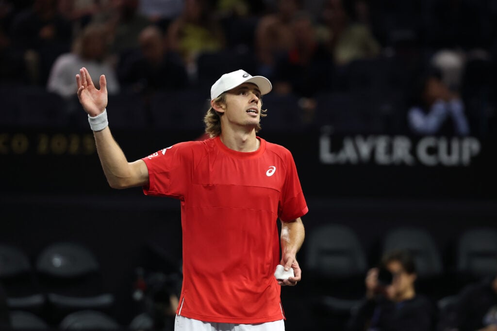 Alex De Minaur of Team World celebrates after defeating Jakub Mensik of Team Europe during day three of Laver Cup 2025 at Chase Center.