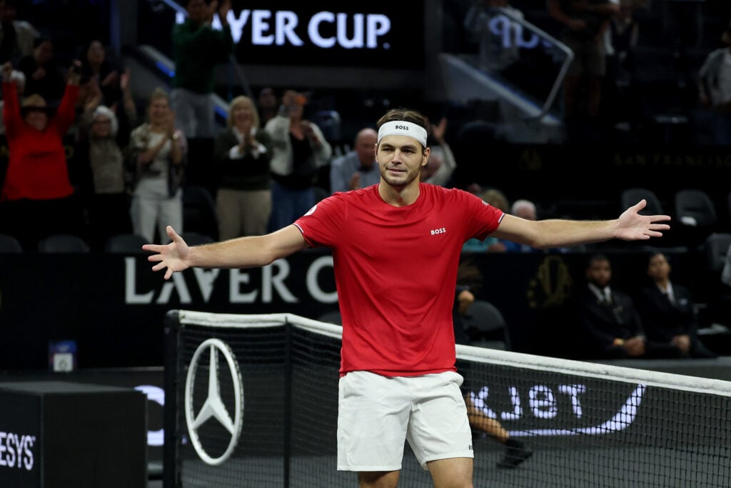 Taylor Fritz of Team World reacts after winning match point to defeat Alexander Zverev of Team Europe to win Laver Cup 2025 for Team World during day three at Chase Center.