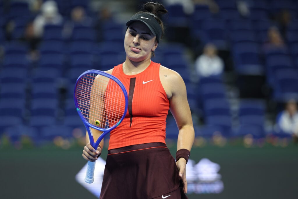 Bianca Andreescu reacts during her defeat to Anna Bondar at the 2025 China Open