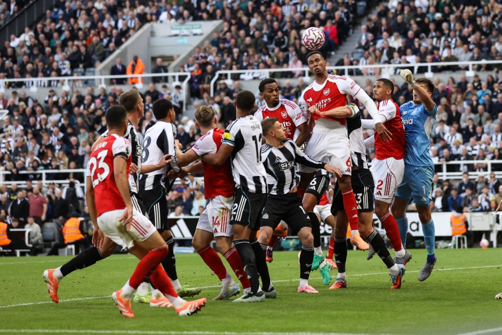 Gabriel scores during Newcastle United v Arsenal in the Premier League