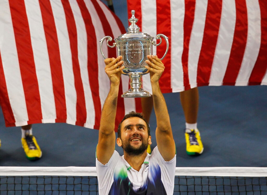Marin Cilic hoisting the US Open title in 2014.