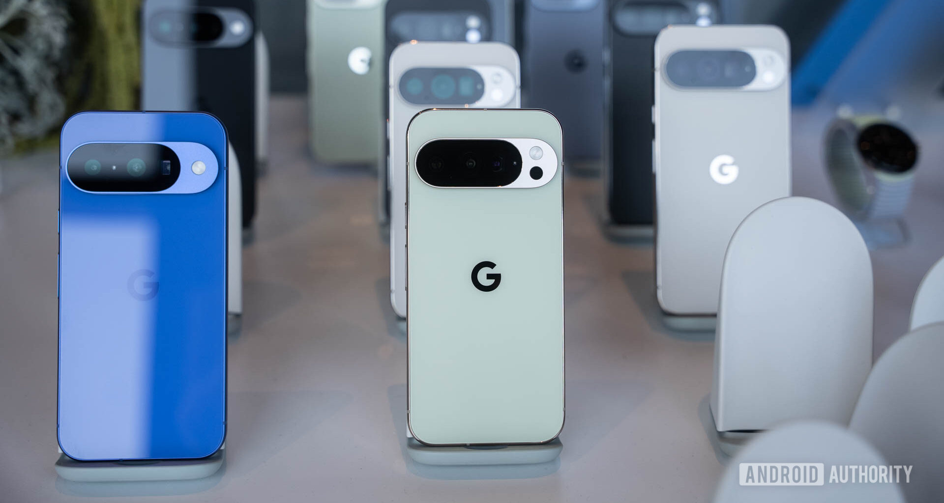 Google Pixel 10 devices on stands 2