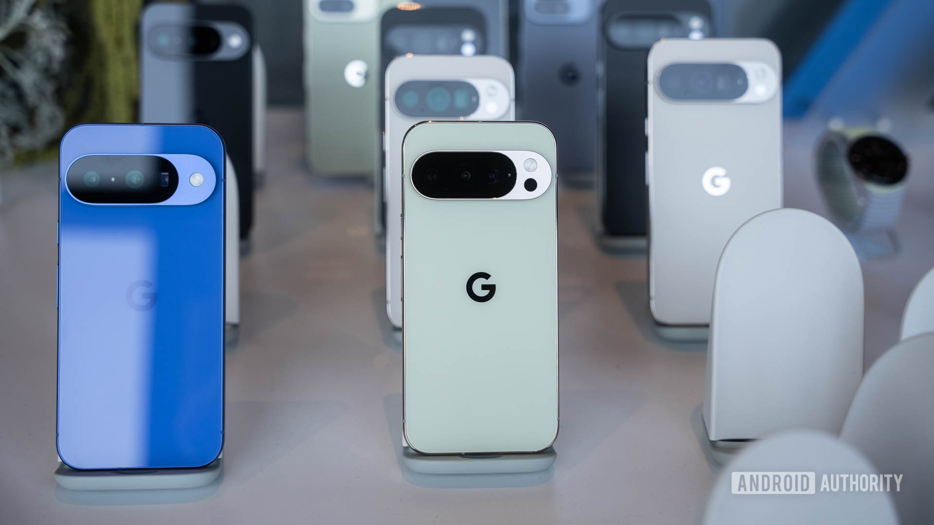 Google Pixel 10 devices on stands 2